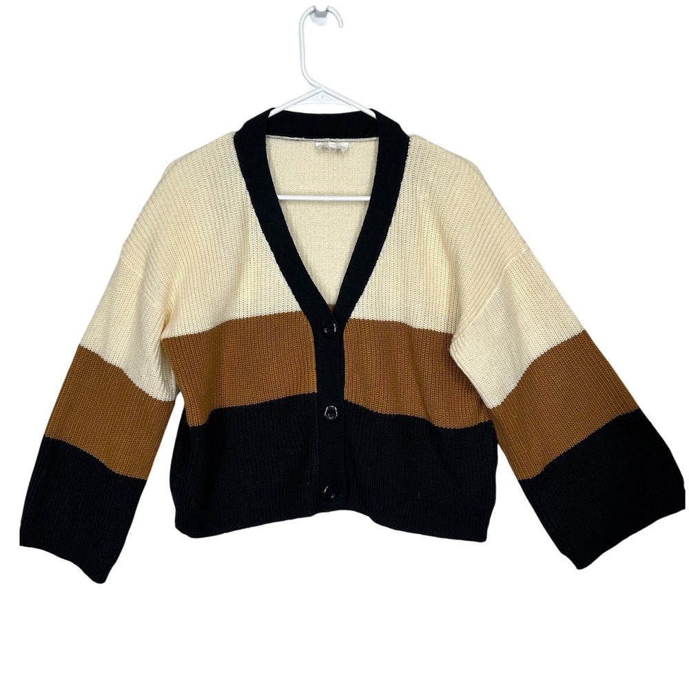 Sienna Sky Button Up Cardigan Navy Brown Cream Straight‎ Sleeves Women's Size XS